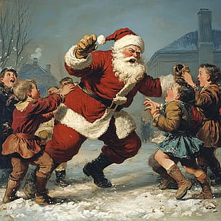 An angry Santa Klaus fighting with children'