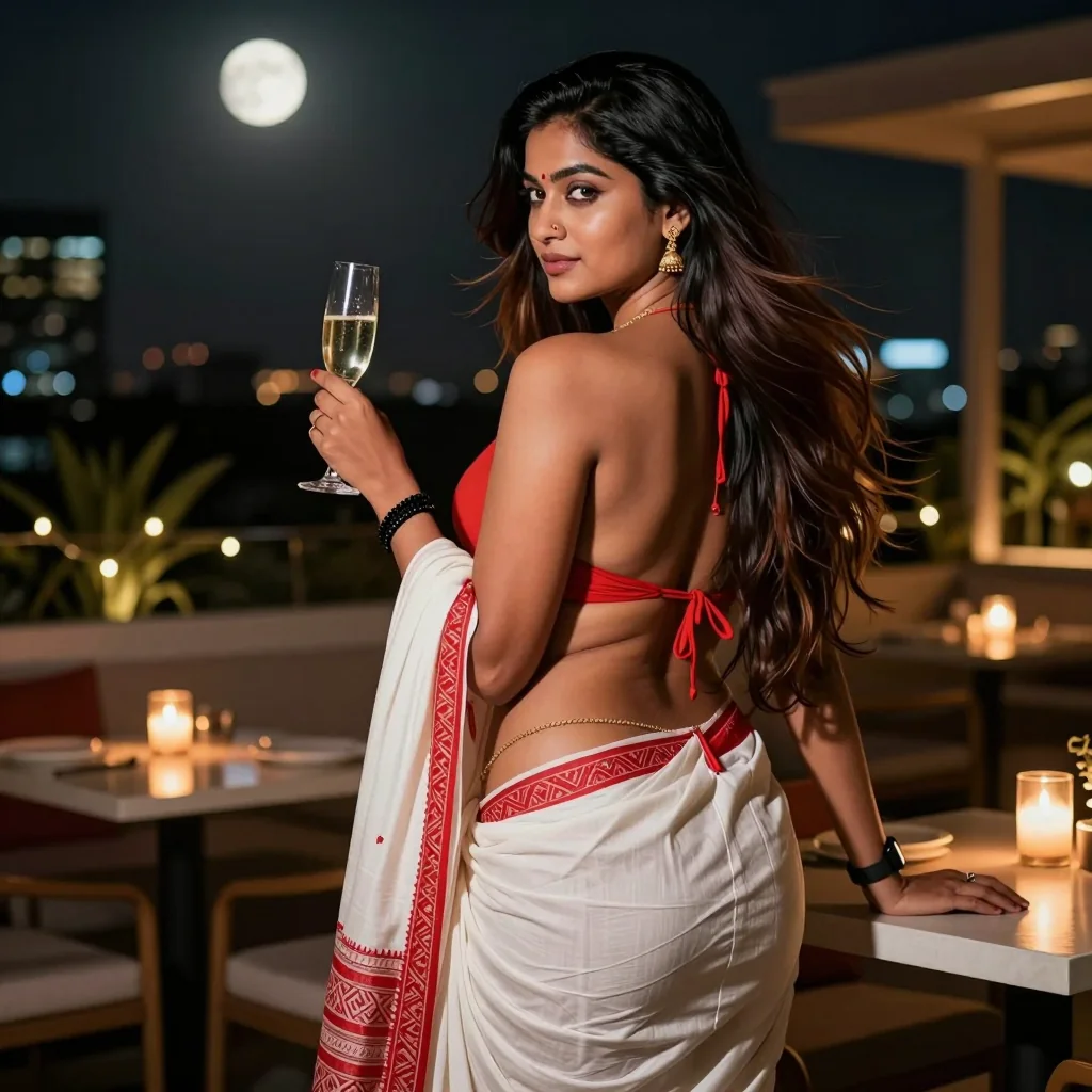 Elegance in red saree under moonlight glow. picture 1 of 1