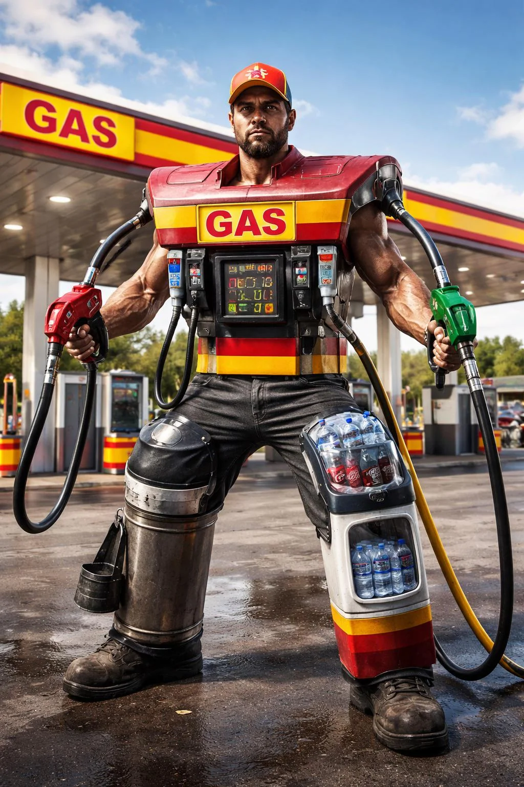 Make a ubiquitous bellicose image of a man who looks like a gas station and his limbs embody the aforementioned gas station tropes, photo realistic picture 1 of 1