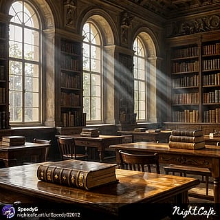 Sunlit Ancient Library Filled with Timeless Knowledge.'