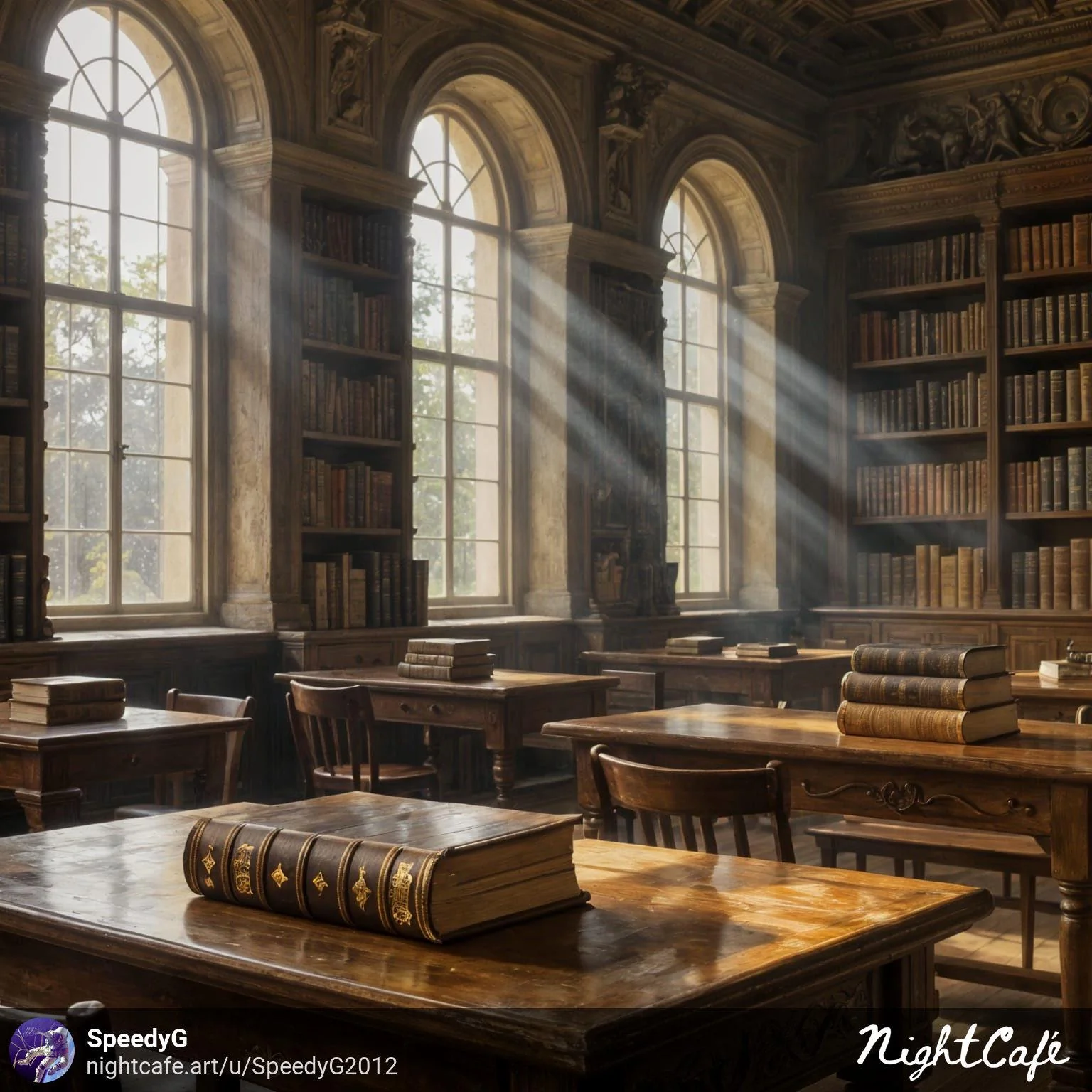 Sunlit Ancient Library Filled with Timeless Knowledge. picture 1 of 1