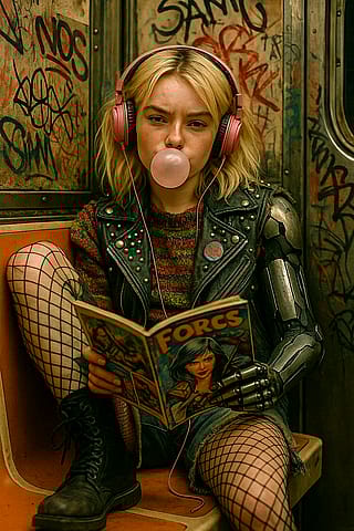 Punk Cyborg blowing gum on the train.'