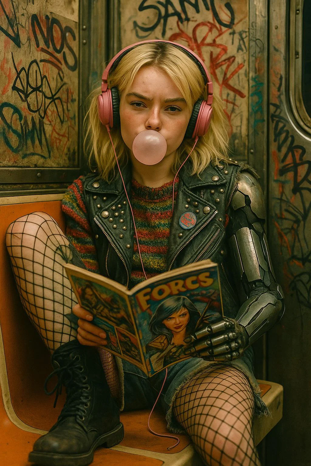 Punk Cyborg blowing gum on the train. picture 1 of 1