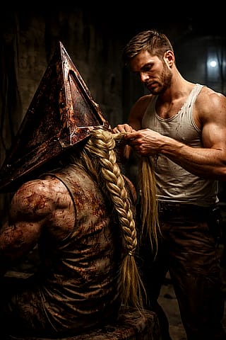 Pyramid Head getting his hair braided'