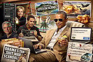 Obama wearing a tan suit, ordering war via email on Hunters laptop which is stored on Hilarys server while he is on Epstein Island'