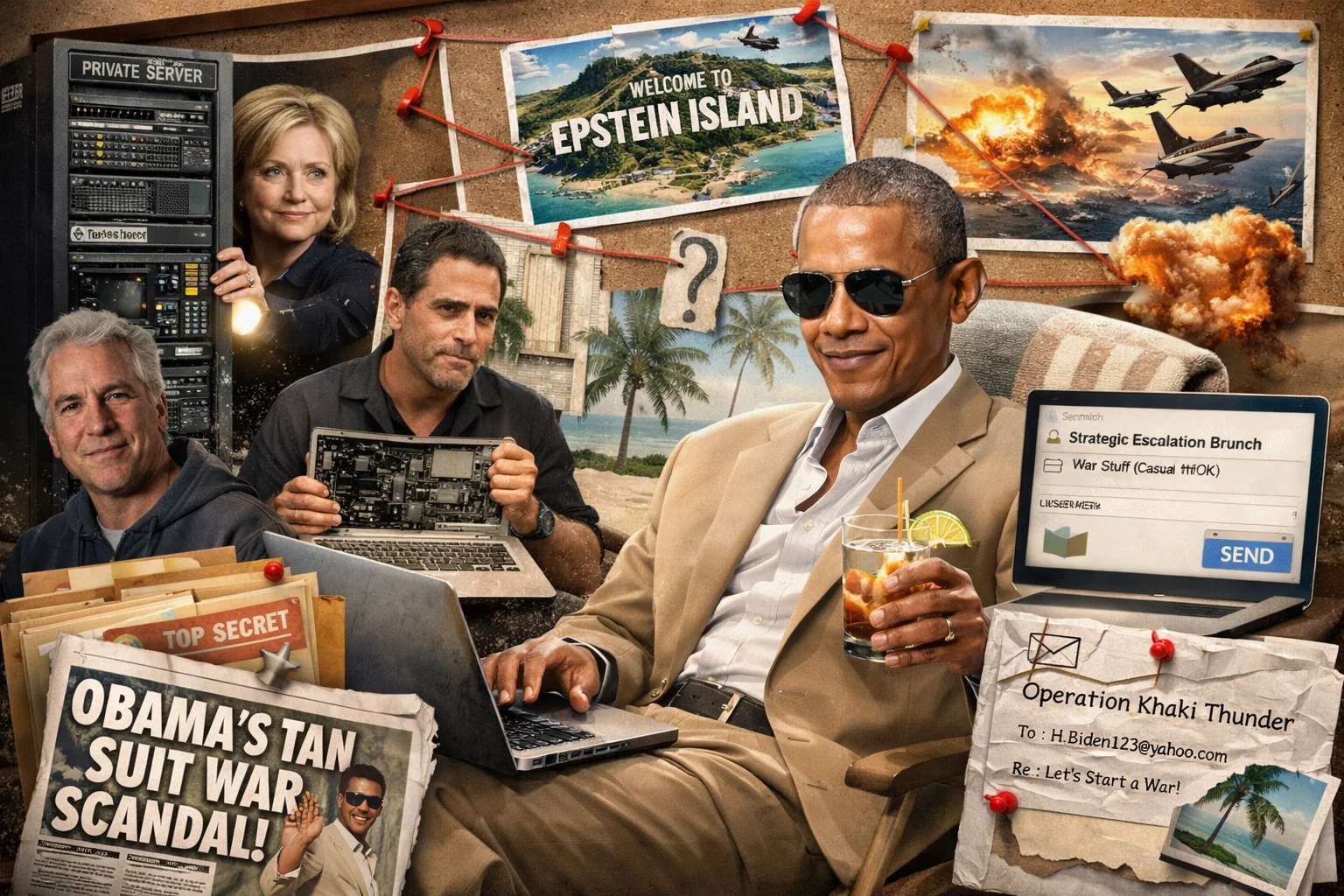 Obama wearing a tan suit, ordering war via email on Hunters laptop which is stored on Hilarys server while he is on Epstein Island picture 1 of 1