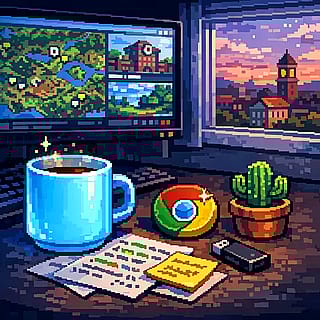 Pixel art of a sunset lit desk belonging to an coder'