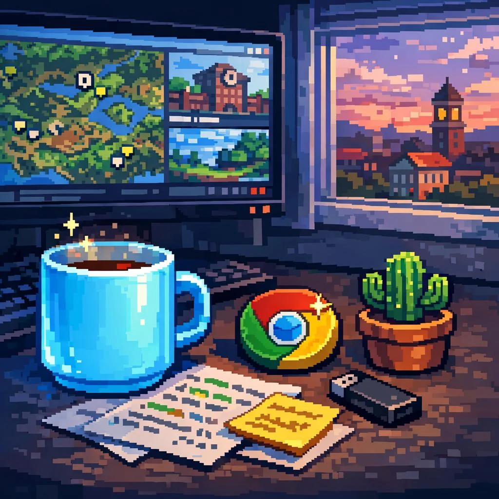 Pixel art of a sunset lit desk belonging to an coder picture 1 of 1