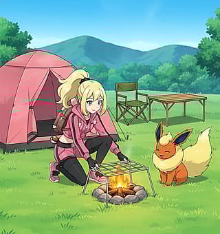Pokemon OC Eva camping with her Flareon, Ruby'