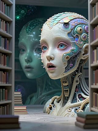 Between books and beads a silent gaze'