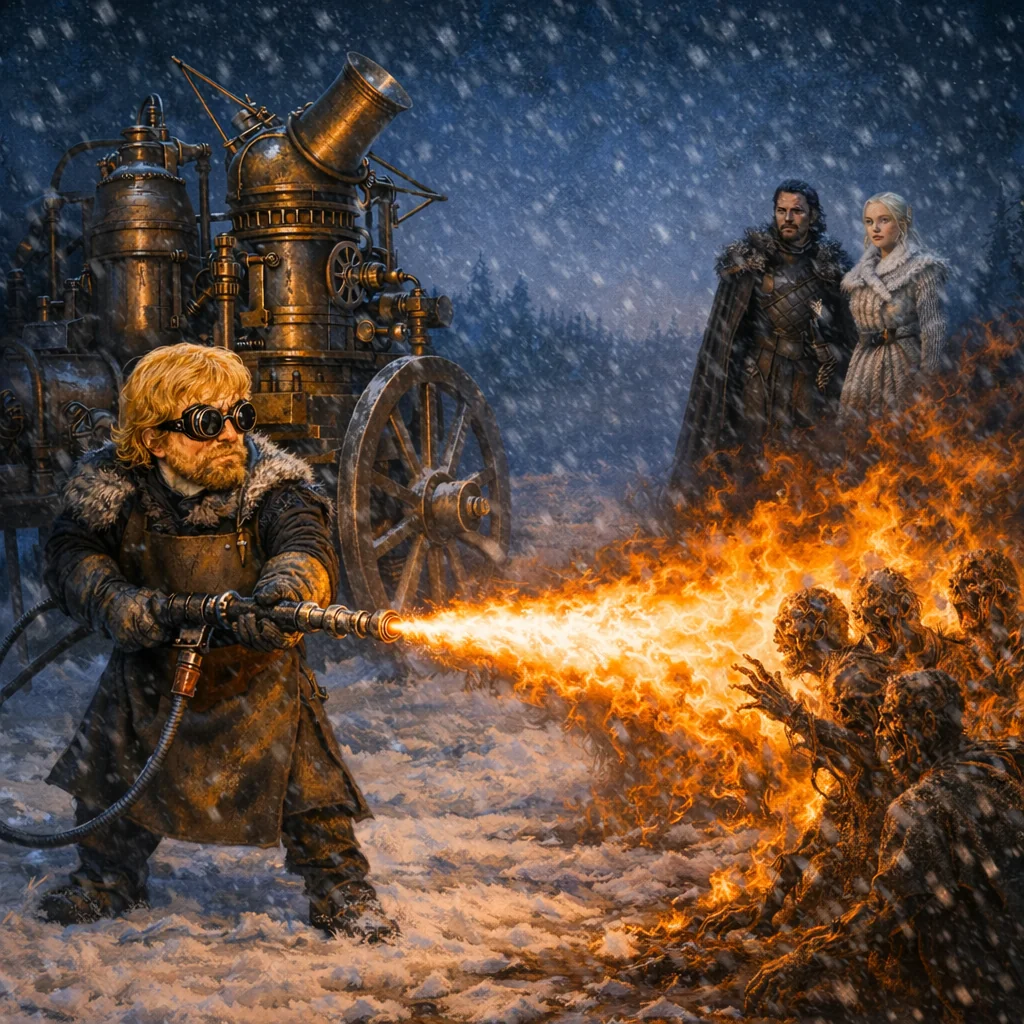 What if Tyrion Lannister used his genius to create a medieval flamethrower weapon to even the odds against the Night King's undead hordes? picture 1 of 1