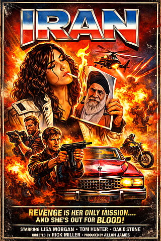 80s action movie poster style inspired by iranian protest.'