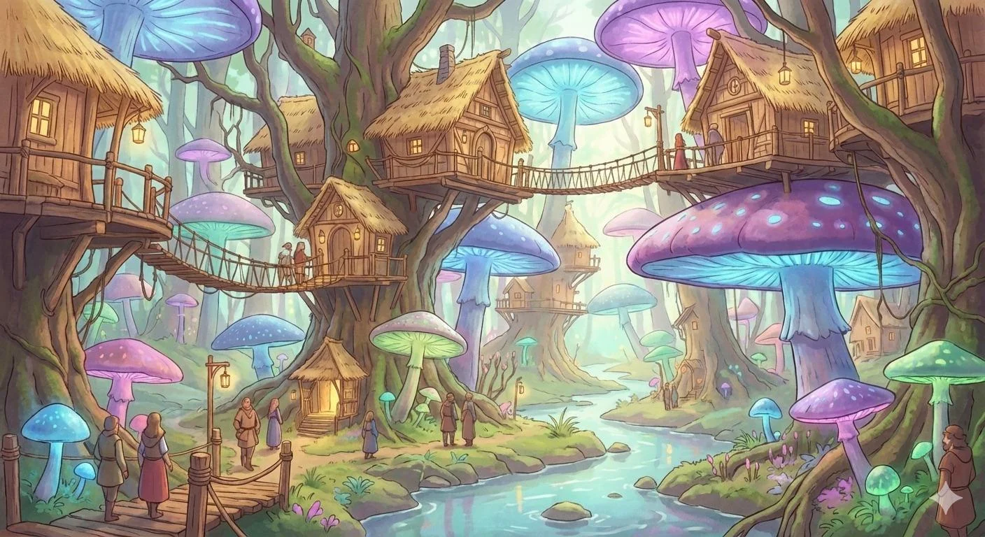 A treehouse village in a forest of glowing mushrooms picture 1 of 1