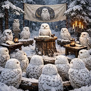 Snow owl parliament in session'