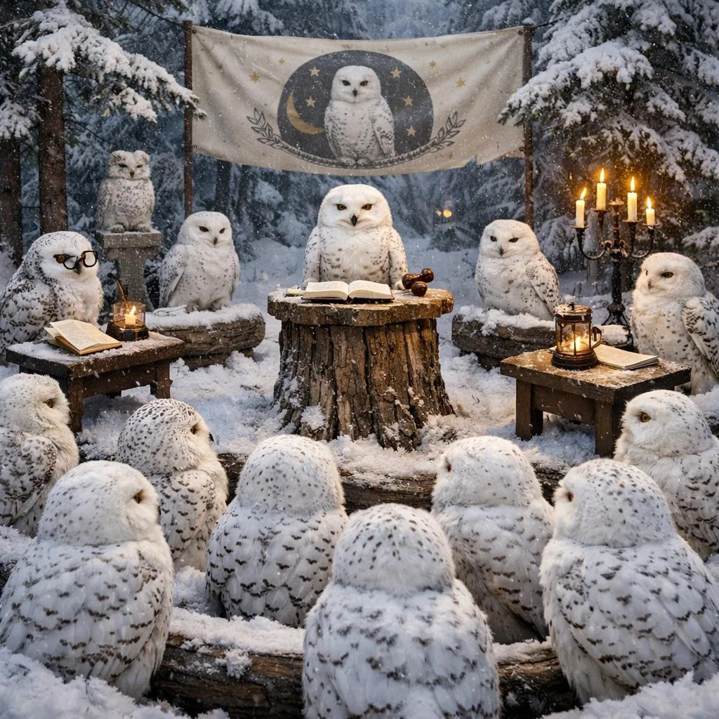 Snow owl parliament in session picture 1 of 1
