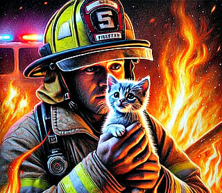 Firefighter and Kitten'