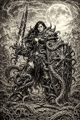 Chaos Fantasy Artwork created in the style of "1990s wargaming aesthetic"'