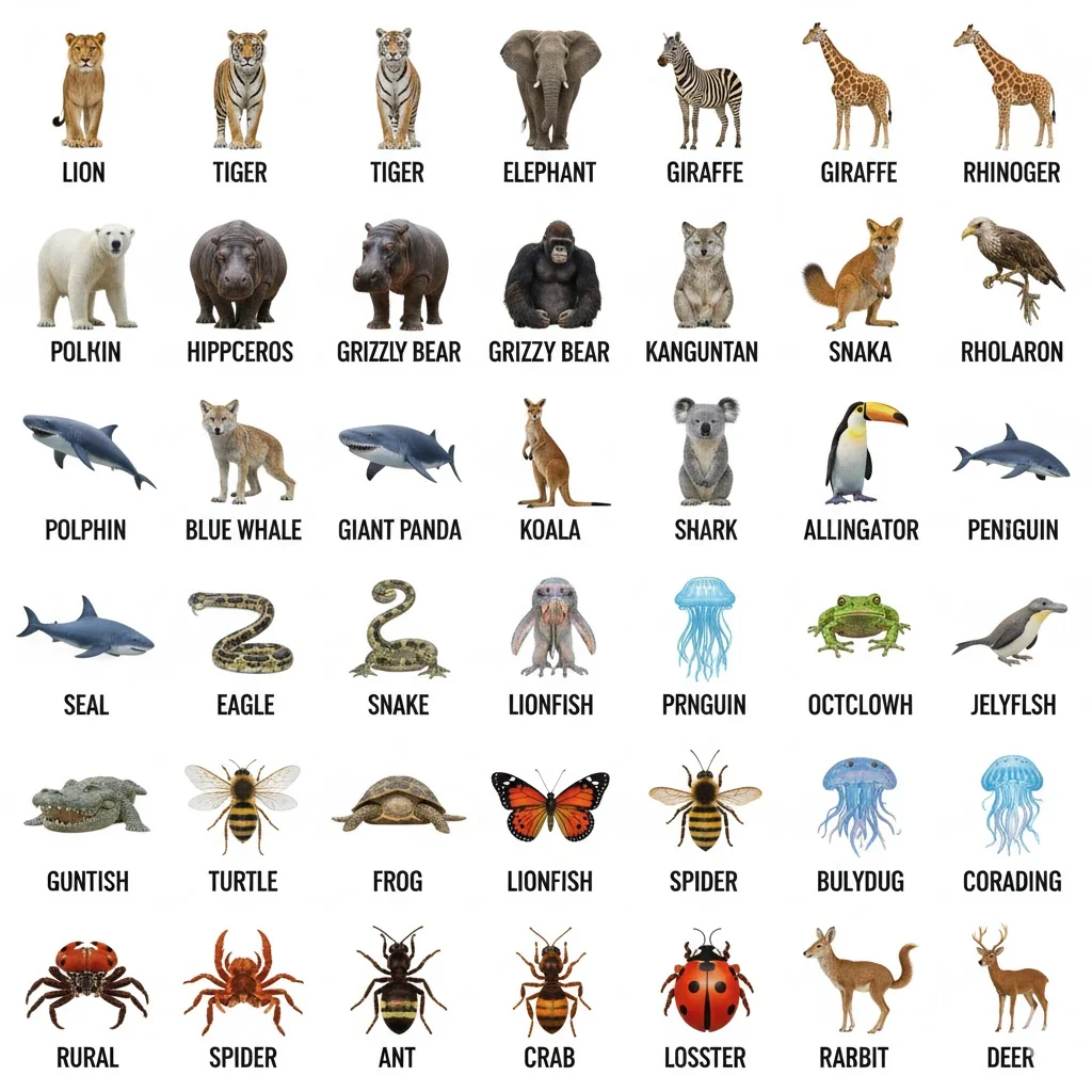 "Generate 100 images of animals with their names written below them in a white background" picture 1 of 1