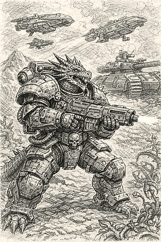 Dragon Warrior in Powered Armour with Spaceships and Tank behind and Alien plants, and in pencil sketch style.'