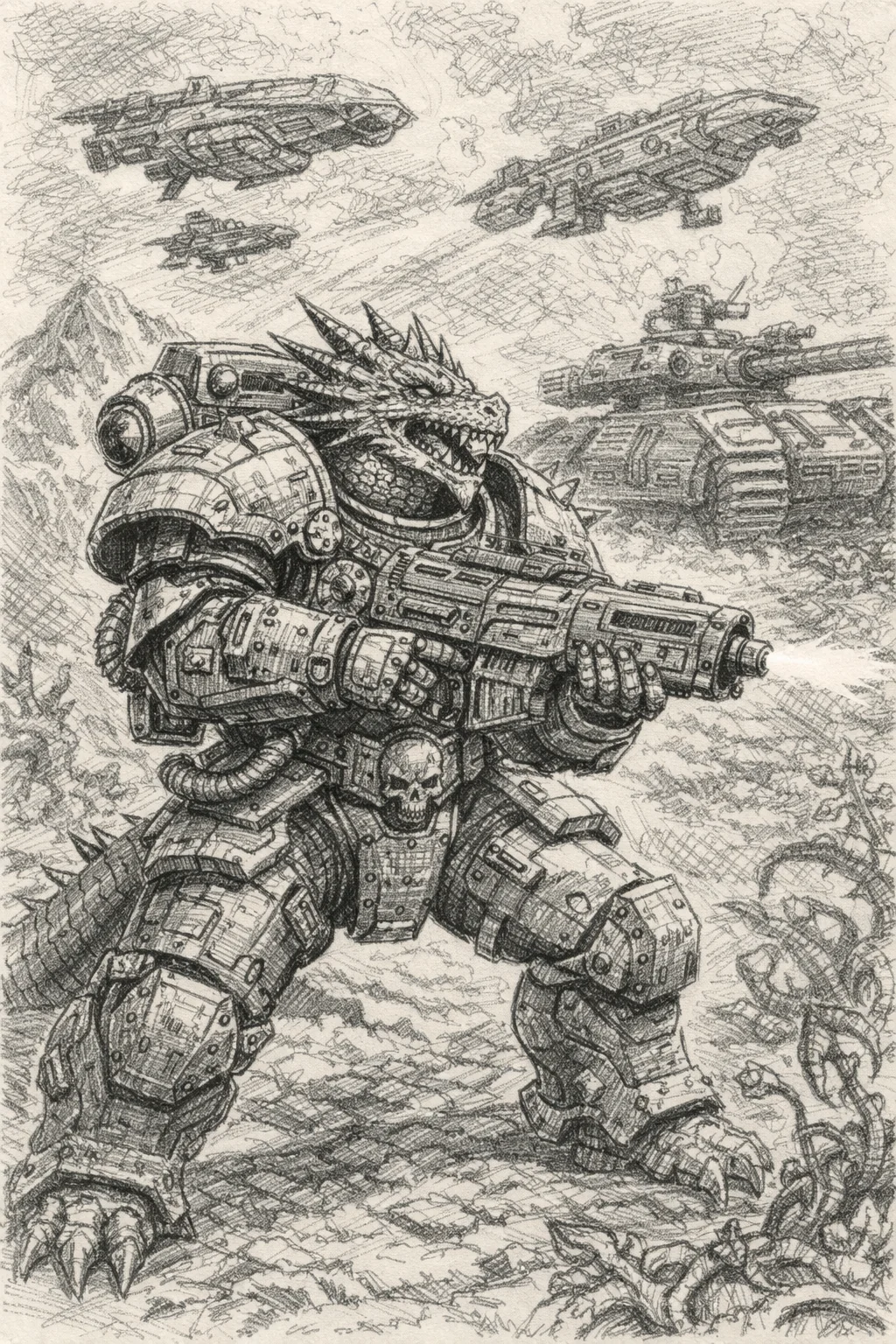 Dragon Warrior in Powered Armour with Spaceships and Tank behind and Alien plants, and in pencil sketch style. picture 1 of 1