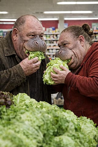 Hippo people eating lettuce in a grocery store'