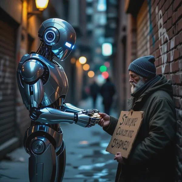 Robot giving change to homeless AI engineer picture 1 of 1