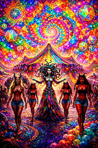 Psychedelic realm with medusa and demonic angels'
