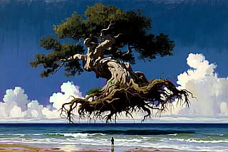 Flying tree above ocean'
