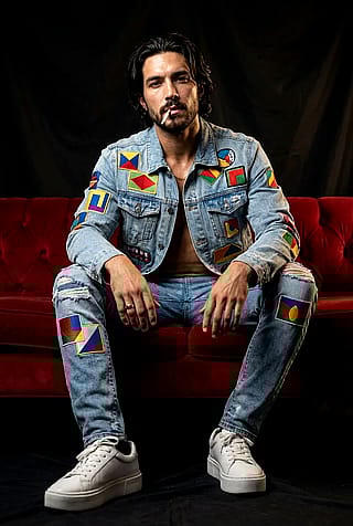 Geometric Patches on Red Velvet: A Modern Street-Chic Portrait by nano banana Pro'