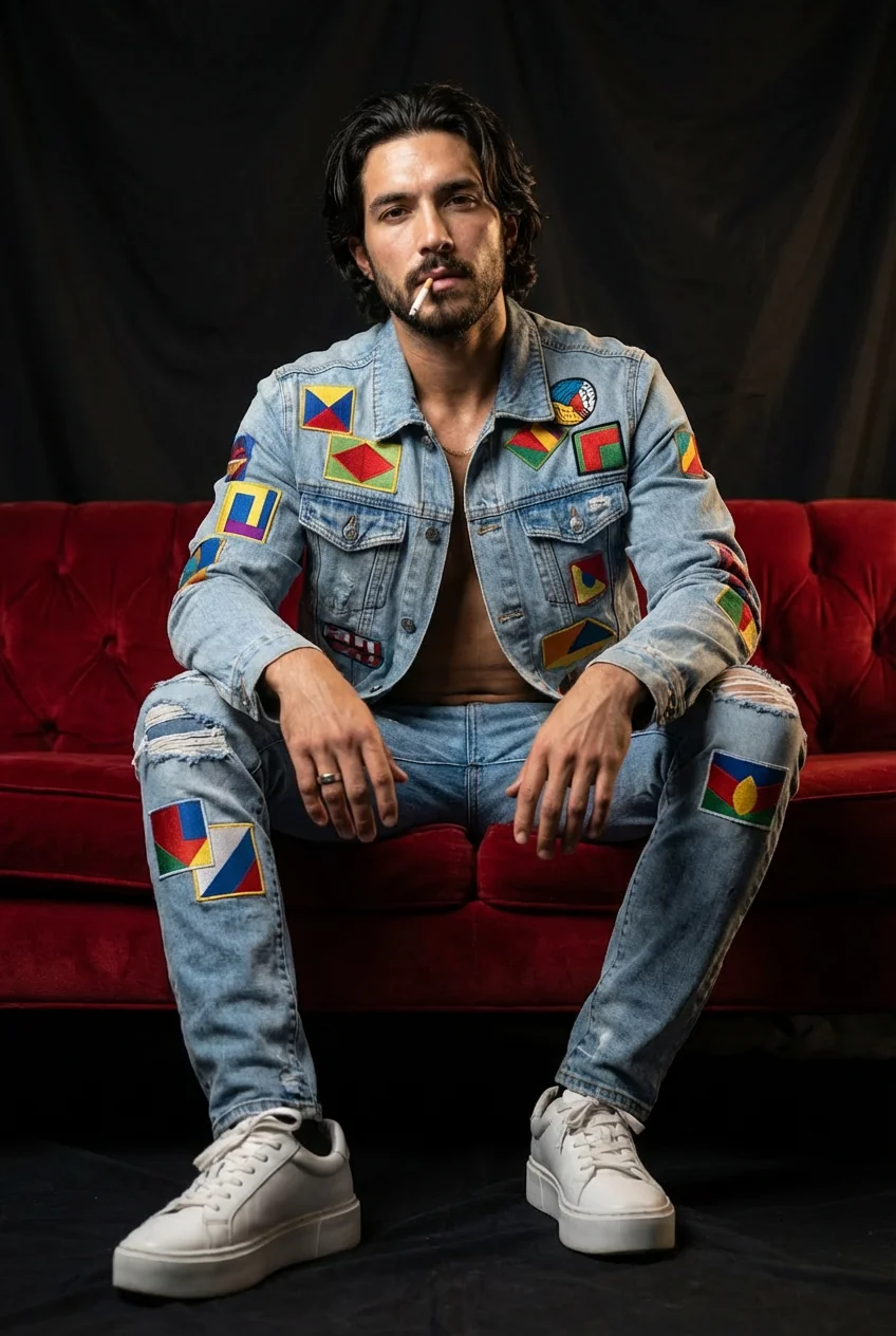 Geometric Patches on Red Velvet: A Modern Street-Chic Portrait by nano banana Pro picture 1 of 1