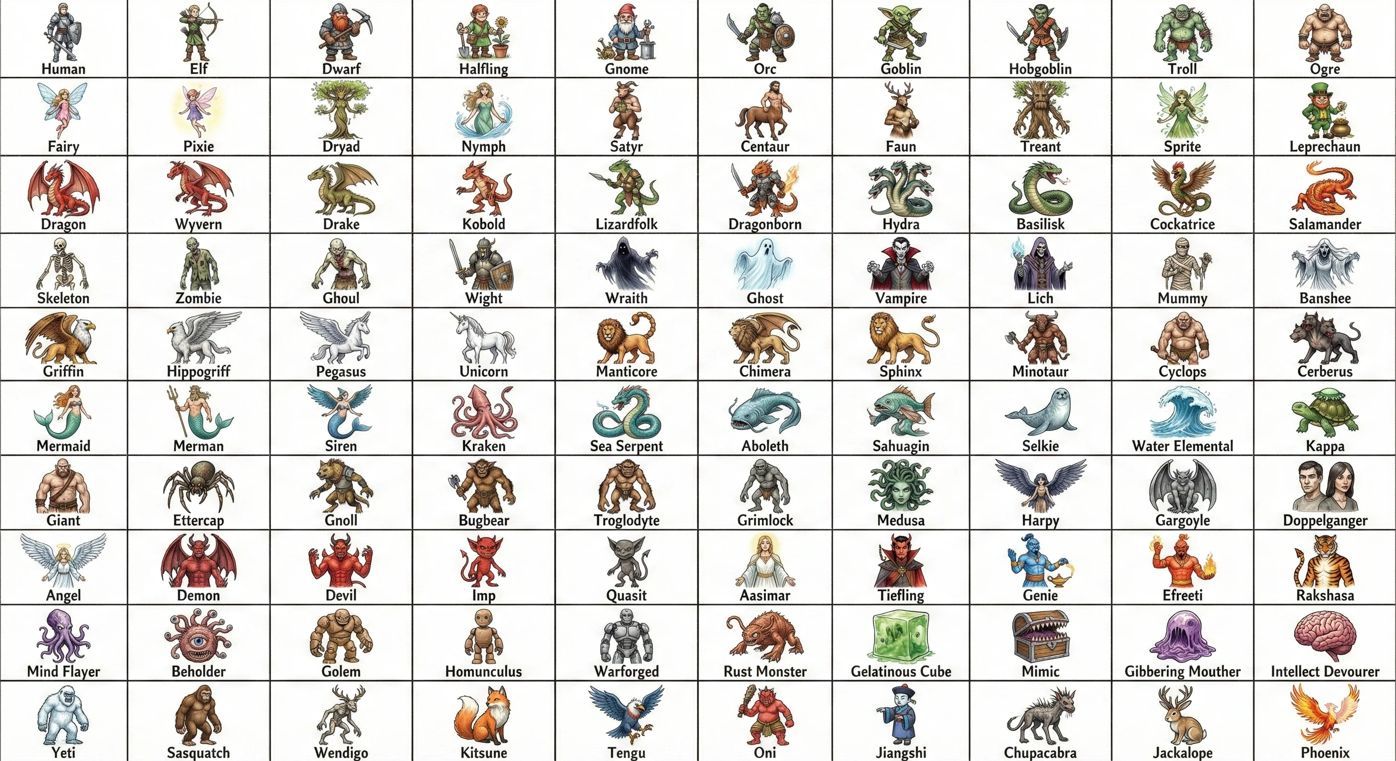 Generate 100 images of fantasy creatures and races with their names written below them in a white background picture 1 of 1