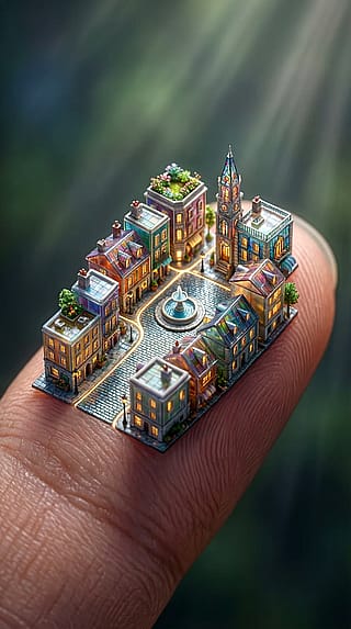 A tiny town on a pinky finger and a beautiful bonsai tree'