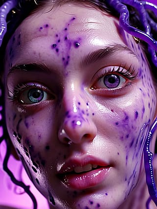 Purple paint whispers behind clear eyes'