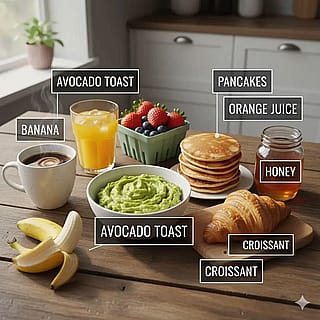 Annotated food items on a kitchen table (some labels are wrong because of technical problems)'