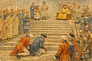 British envoys kowtowing to Chinese Emperor.'