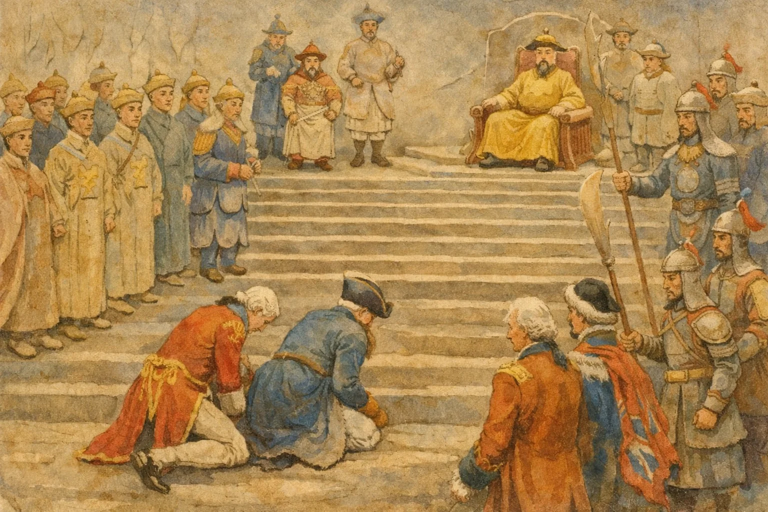 British envoys kowtowing to Chinese Emperor. picture 1 of 1