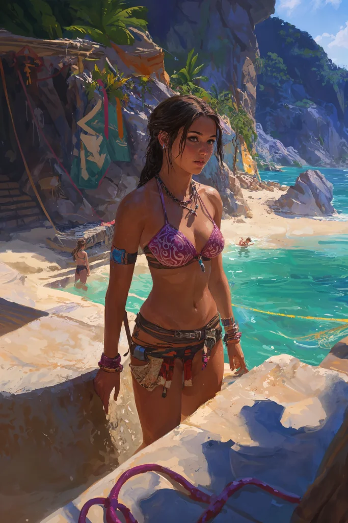 Young Lara Croft enjoying some quiet time in paradise picture 4 of 6