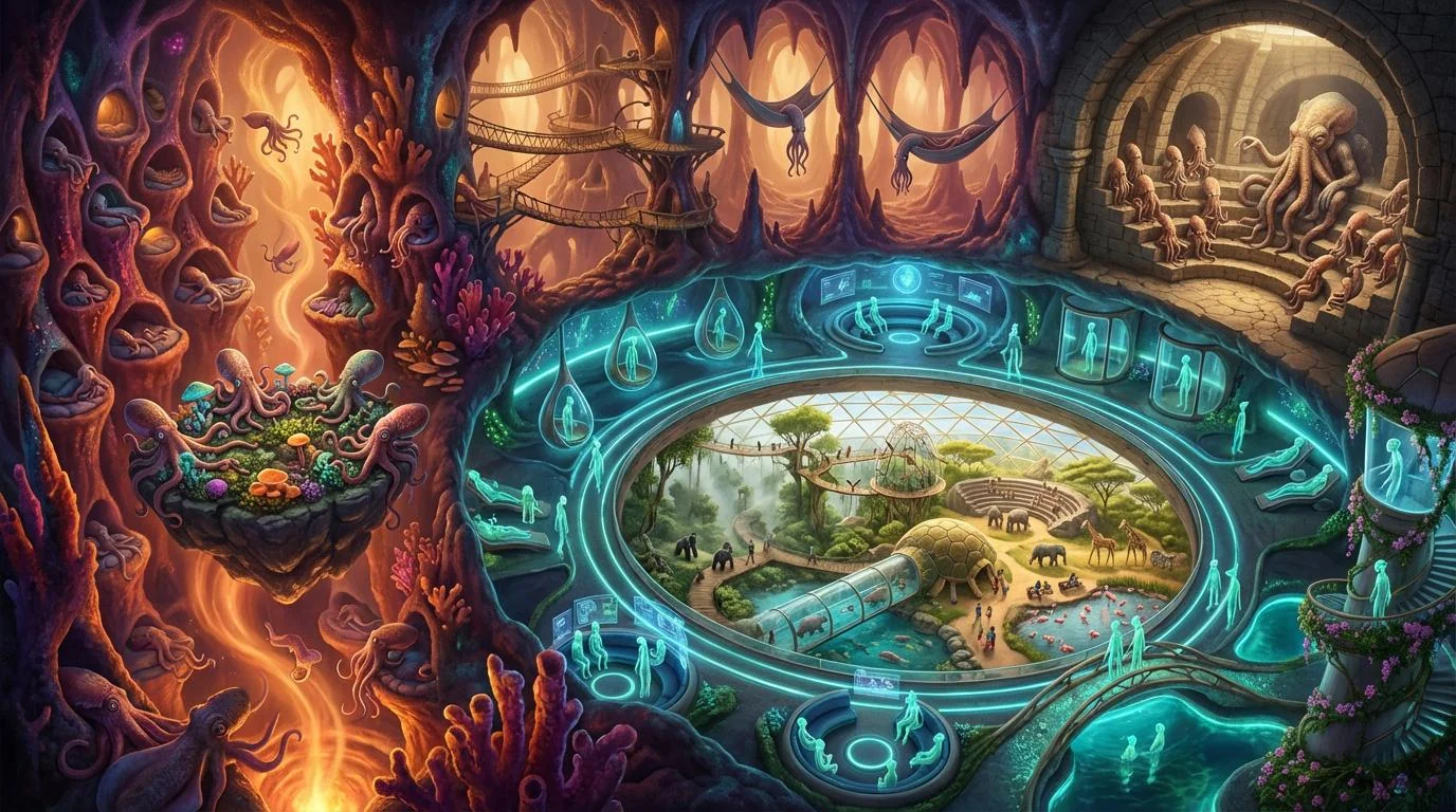 Quad Tier Zoo: Squids watching aliens watching people watching animals picture 1 of 1