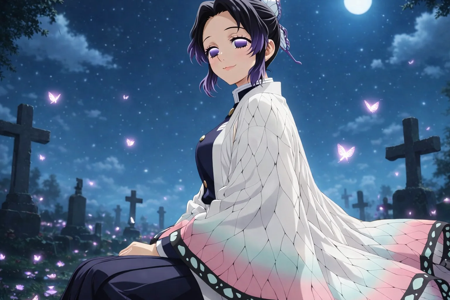 Shinobu Kocho in a moonlit graveyard. picture 1 of 1