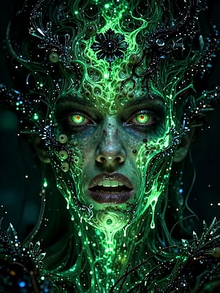 Red eyes, green glow, dark silence'