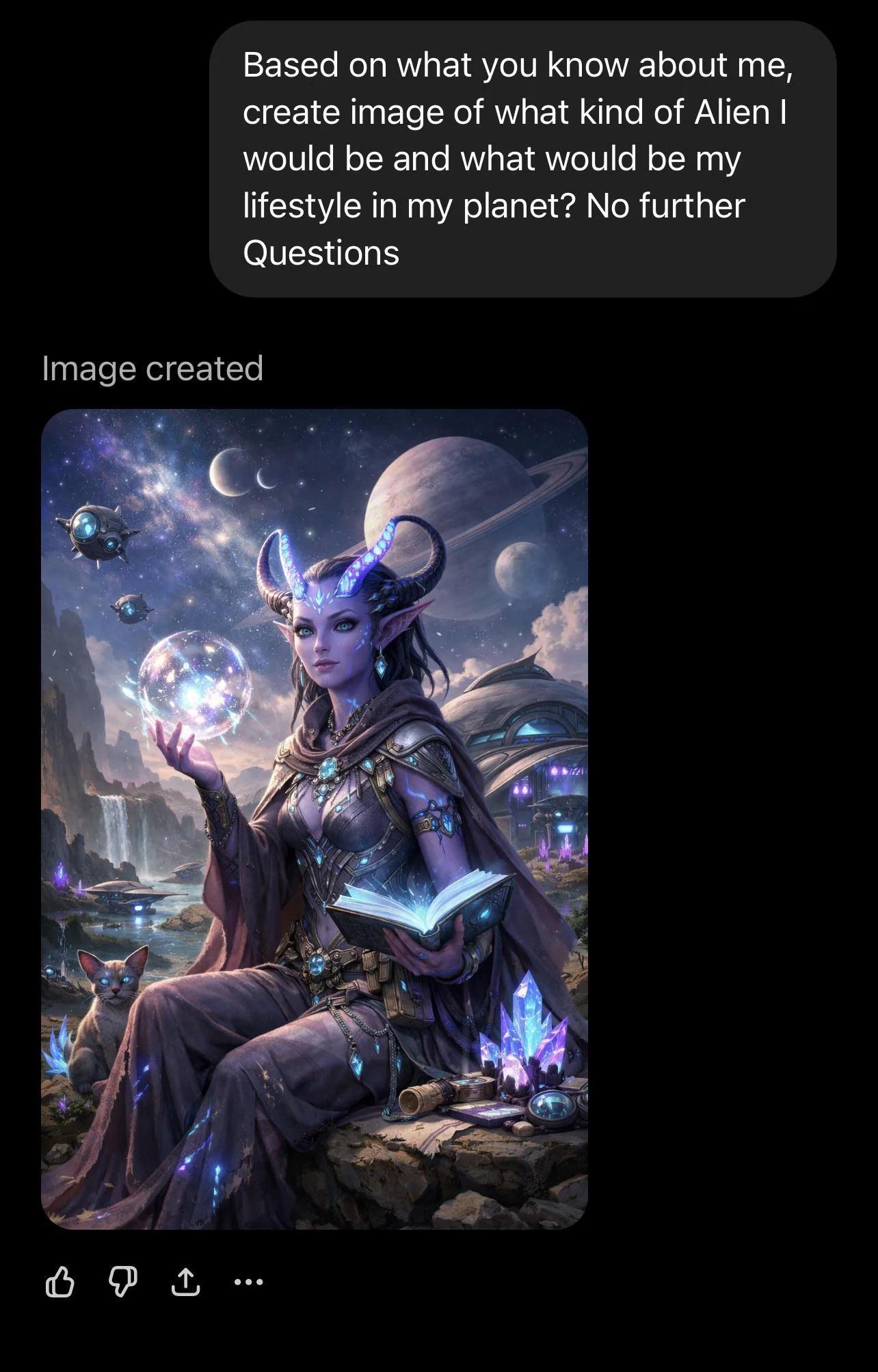 Share what kind of Alien you are by this prompt : “Based on what you know about me, create image of what kind of Alien I would be and what would be my lifestyle in my planet? No further Questions” picture 1 of 1