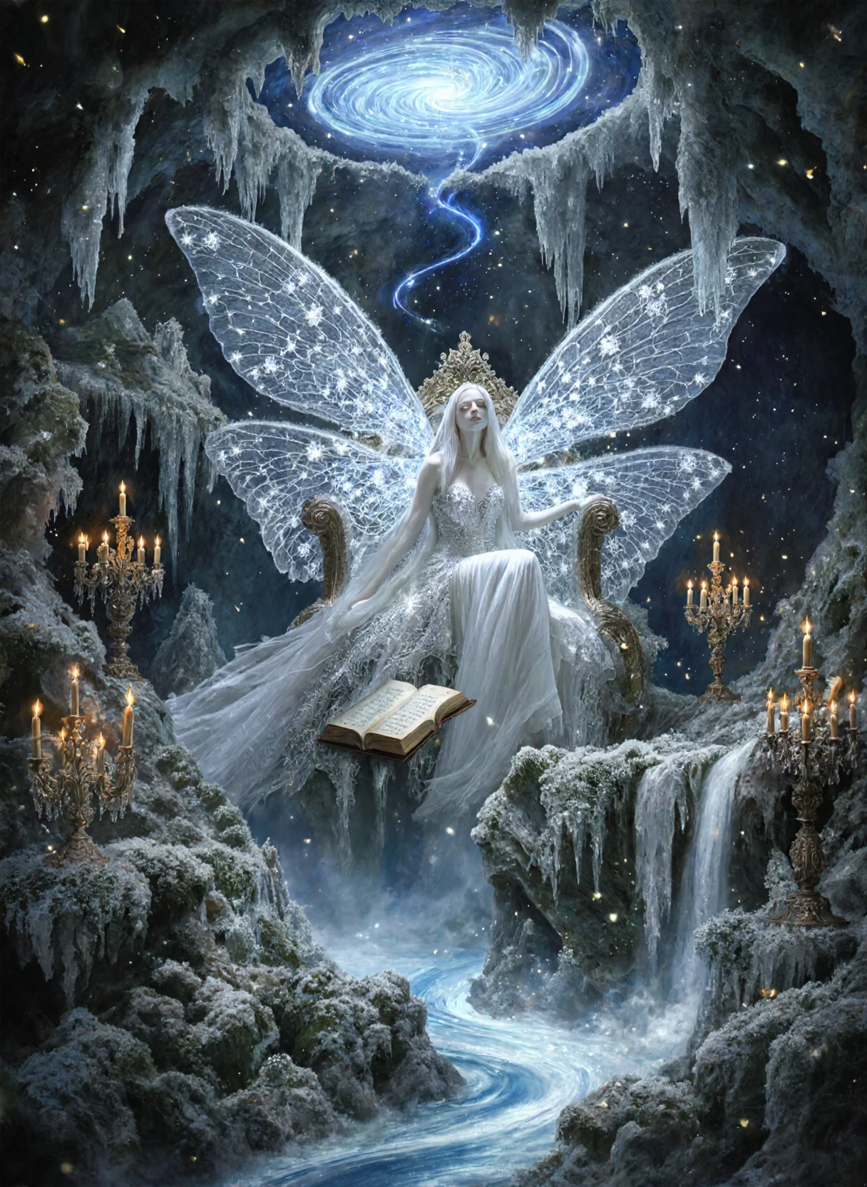 “She sits alone beneath the spiral sky — a queen of frost and flame, cradled by stone and starlight, where ancient tales rise from glowing pages and candles whisper forgotten spells.” picture 1 of 1