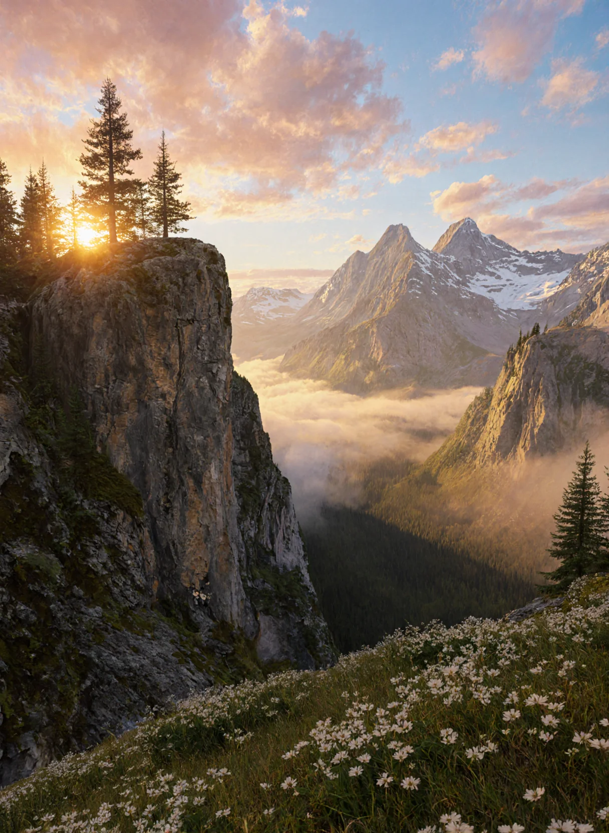 A solitary cliff overlooks a kingdom of clouds and peaks, where dawn paints the world in gold and silence sings louder than any wind. picture 1 of 1