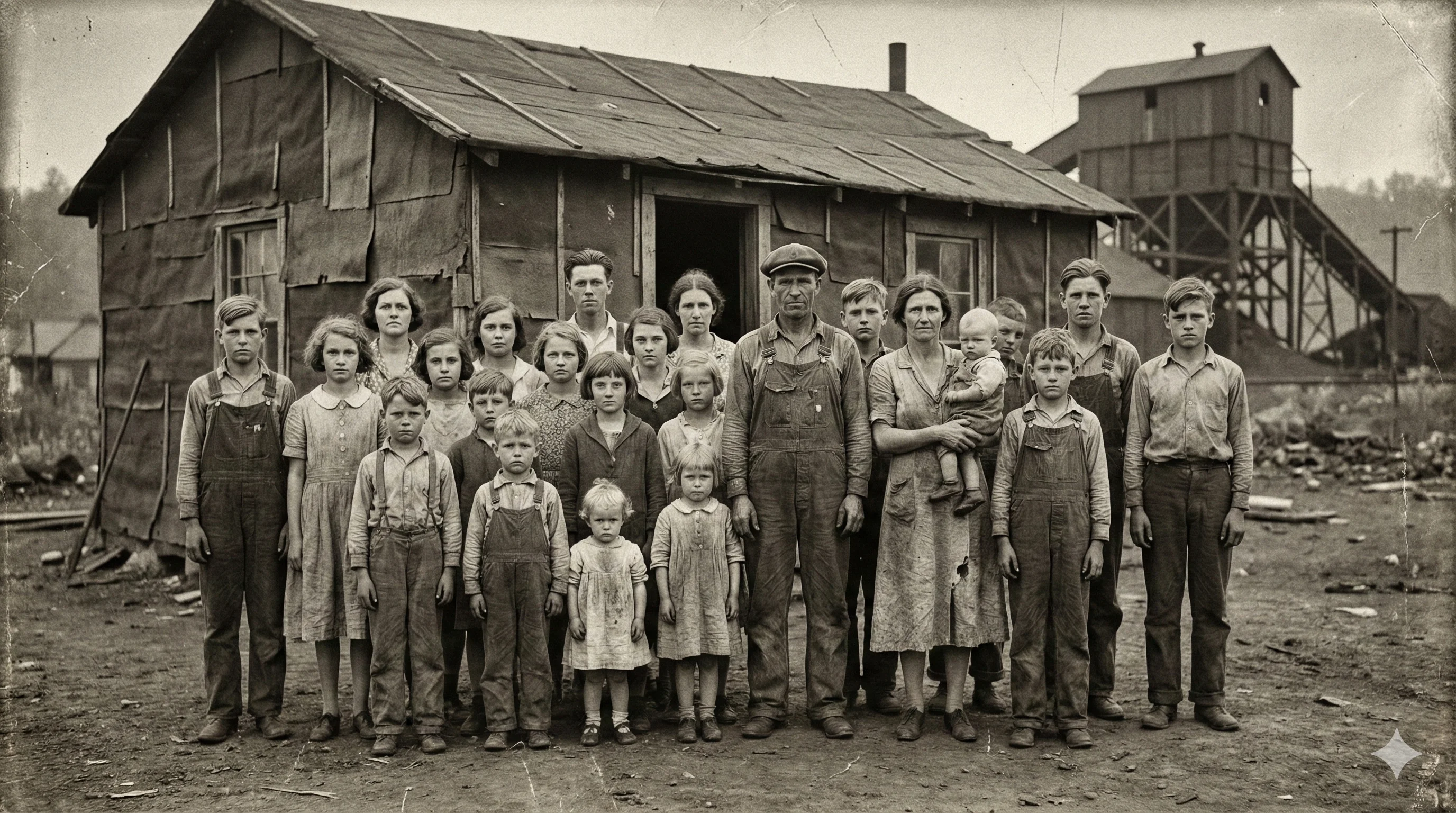 During the Great Depression, a coal miner poses with his wife and 22 children. picture 1 of 1