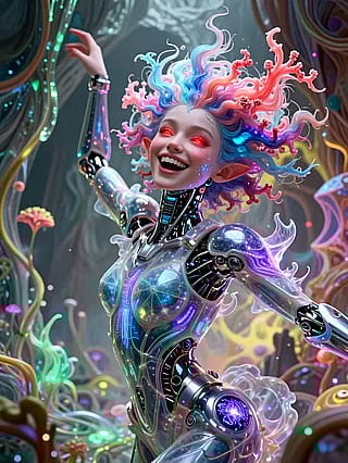 Blue eyes, red glow, tentacle dance in psychedelic crystals'