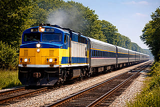 Diesel Locomotive pulling a passenger train'