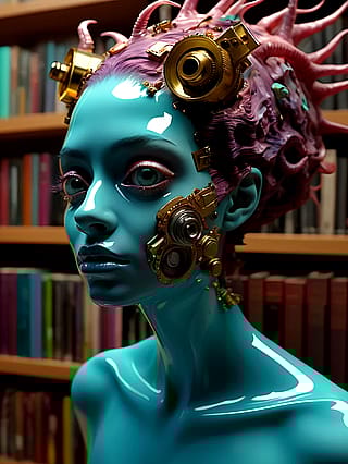 Blue gaze amidst metallic books'