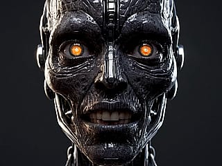 Orange eyes in a weathered chrome soul'