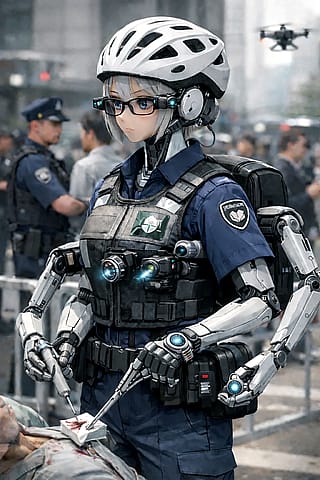 ​Daily life with advanced androids: Security and medical roles. (AI Generated)'