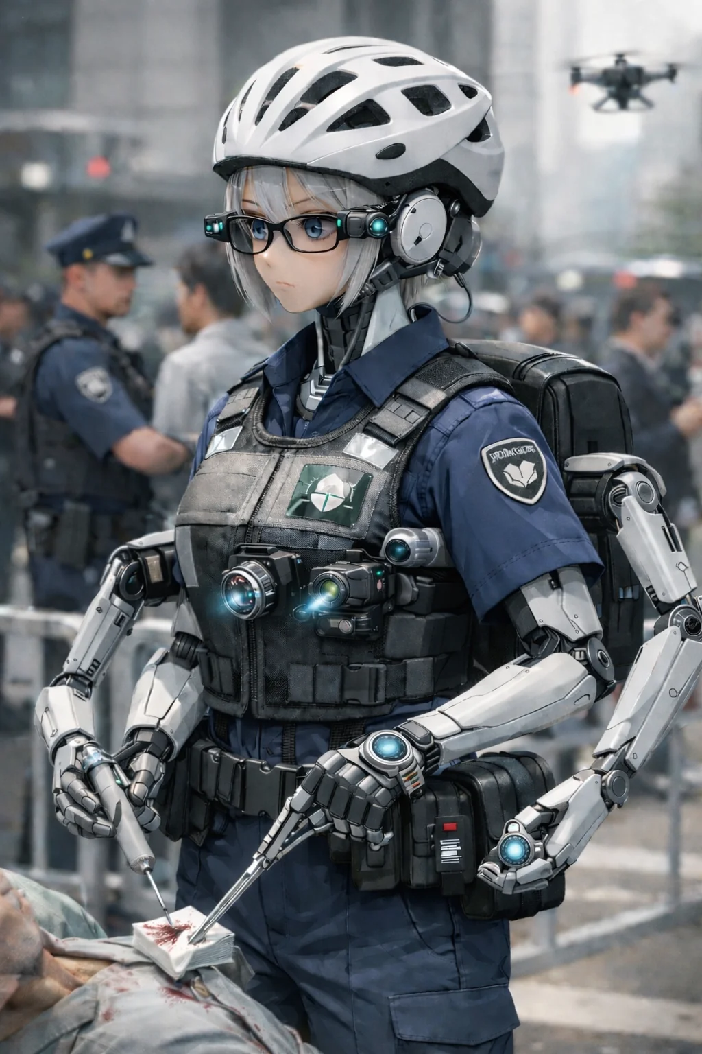 ​Daily life with advanced androids: Security and medical roles. (AI Generated) picture 1 of 4